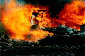 FBI operated tank knocks down burning building at Mt Carmel 4-19-93